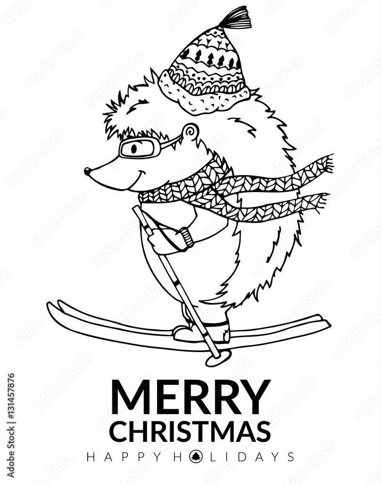 Doodle illustration urchin on skis. Vector. Coloring page Anti-stress for adults and children. Black and white.