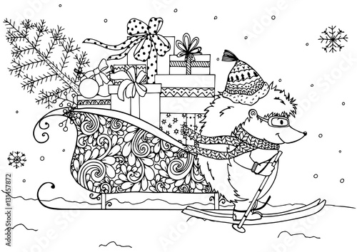 Vector Christmas illustration, hedgehog and sledges with gifts. Doodle drawing. Handmade. Coloring book anti stress for adults. Black and white.