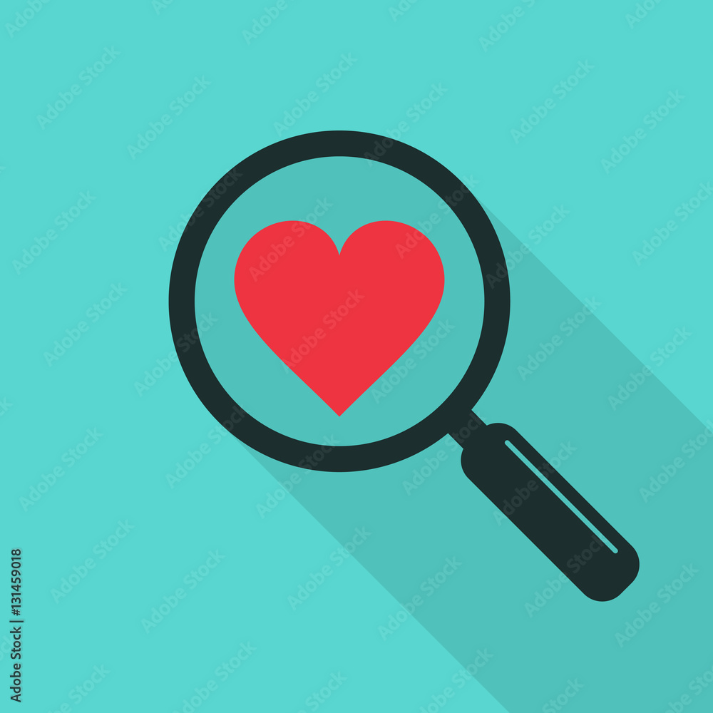 Search heart and love icon with long shadow, vector. Magnifying glass with heart. Dating illustration. Search heart and love icon with long shadow, vector. Magnifying glass with heart. Dating illustration.