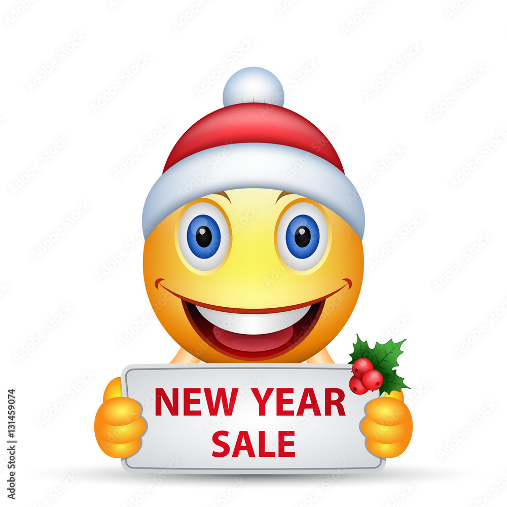 Cartoon emoticon smiley with Santa Hat holding a banner New Year ...