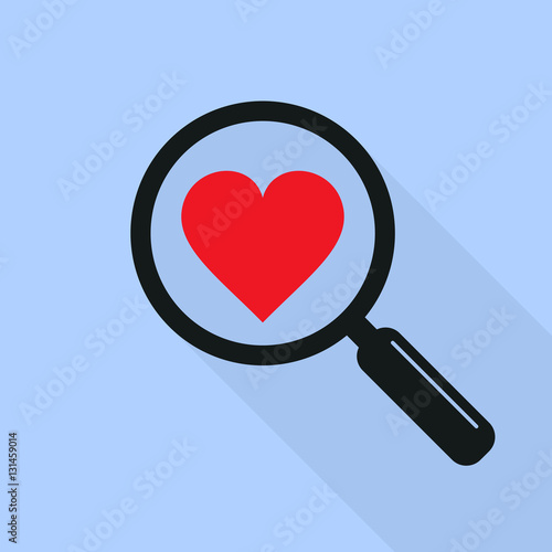 Search heart and love icon with long shadow, vector. Magnifying glass with heart. Dating illustration.