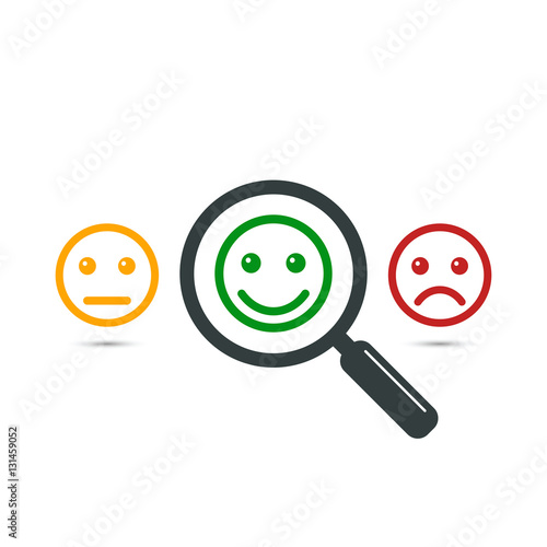 Find positive people concept. Magnifying glass with positive and negative emoticon or smiley. Search positive emoticon among negative emoticons. Vector color illustration.