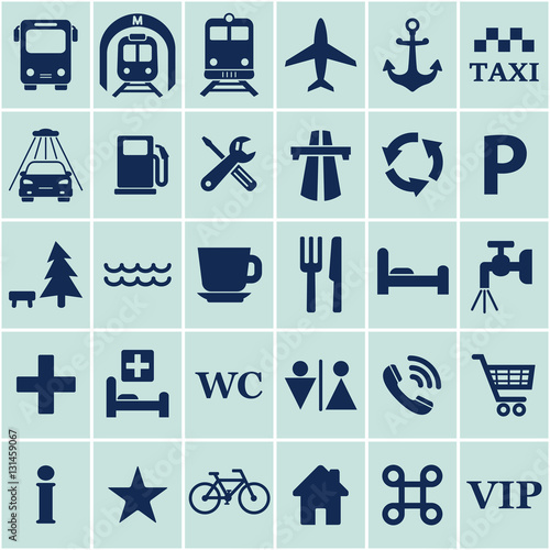 Travel icons set. Different black travel signs for design. Transport location symbol. Vector isolated illustration.