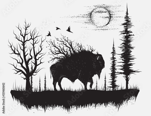 Abstract buffalo walking in the strange forest