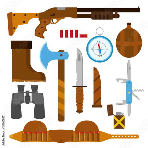 Hunting icons flat set with knife, axe, shotgun, case, lighter, 