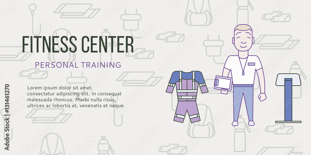 Ems training web banner or flyer in flat style. Electric muscular stimulating fitness concept. Personal trainer with equipment. Sports company vector illustration Ems training web banner or flyer in flat style. Electric muscular stimulating fitness concept. Personal trainer with equipment. Sports company vector illustration