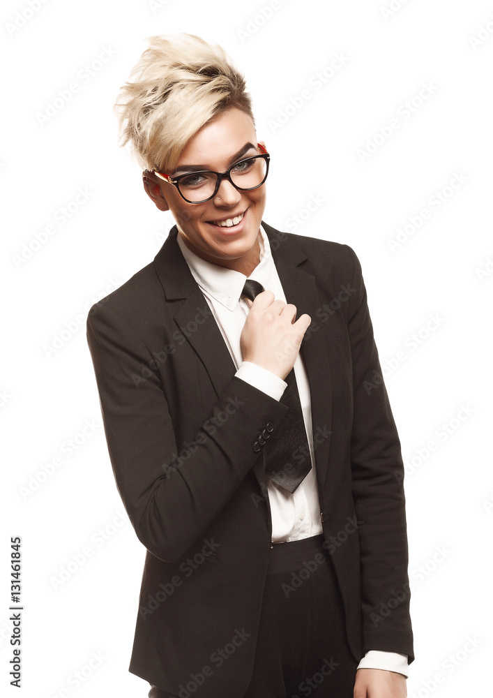Blond beautiful business lady in black suit Blond beautiful business lady in black suit