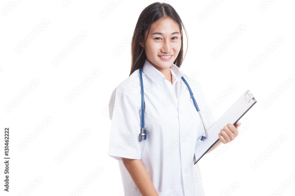 Young Asian female doctor hold a clipboard. Young Asian female doctor hold a clipboard.