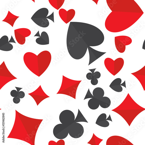 Playing cards suits seamless pattern. Heart, diamond, club and spade symbols random placed over white vector background. Gambling repeating texture. EPS8.