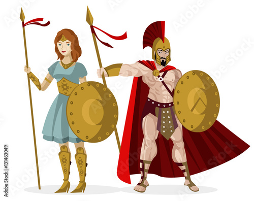 spartan male and female warriors with shields and spear