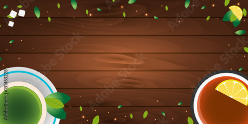 Tea poster. Cup of tea with lemon. Wooden background. Vector illustration.