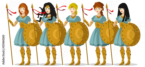 brave army of soldier greek women with shields and spears