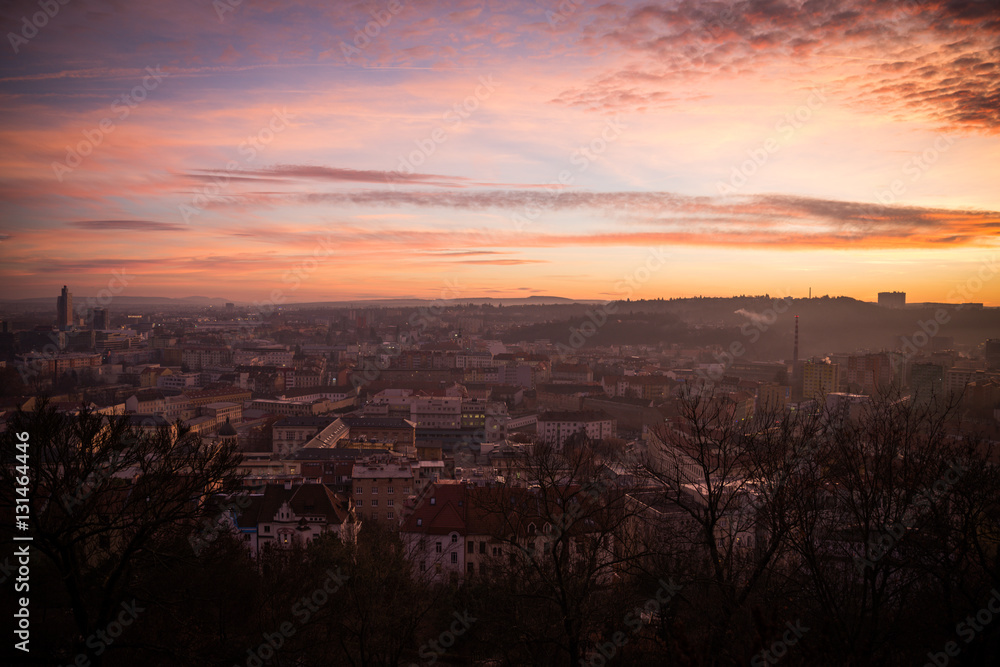 Foggy evening over Brno, Czech Republic, Europe. December 2016