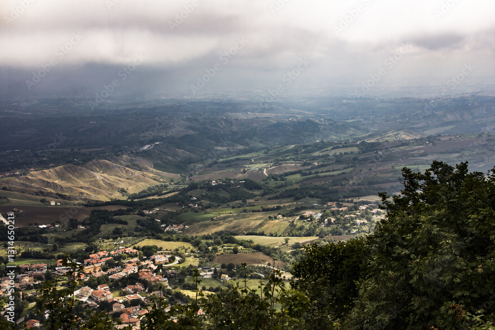 View of villages and landscape from the fortress of San Marino. The Republic of San Marino