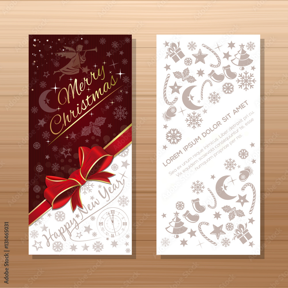 Christmas gift card with angel, antique clock, Christmas decorative elements and greeting inscription - Merry Christmas and Happy New Year. Vector illustration on a wooden background Christmas gift card with angel, antique clock, Christmas decorative elements and greeting inscription - Merry Christmas and Happy New Year. Vector illustration on a wooden background