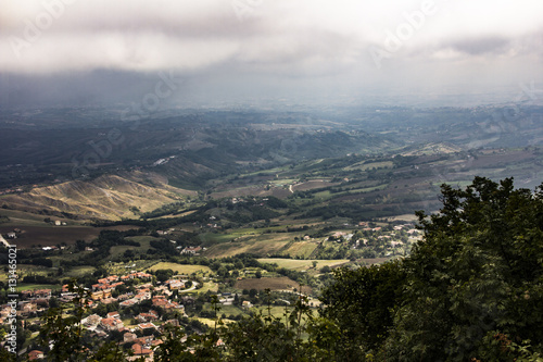 View of villages and landscape from the fortress of San Marino. The Republic of San Marino