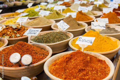Counter with spices on a market