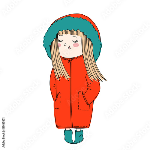 isolated cute cartoon girl wearing warm winter clothes: coat with hood and  booties Stock Vector | Adobe Stock