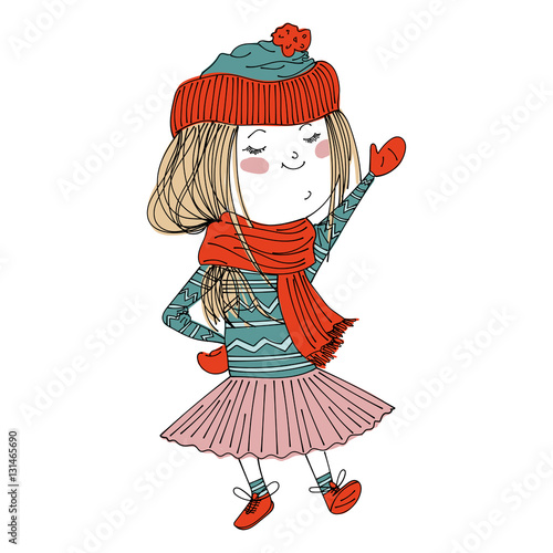 isolated cute cartoon girl wearing warm winter clothes: sweater, hat, tutu, mittens and booties