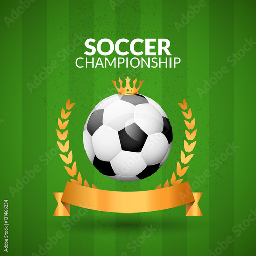 Soccer championship emblem design template. Golden football badge or logo sigh with ribbon crown and wreath © kolonko