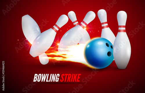 Bowling strike realistic illustration background. Fire bowl game leisure concept, Bowling club poster design.