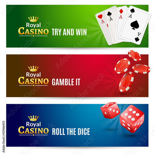 Casino banner gambling set. Poker roulette. Chips, dice and cards for casino promotion