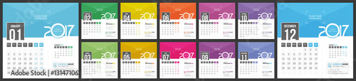 Calendar 2017 - Vector template of 12 Months with Place for Photo, Logo and Info Contact