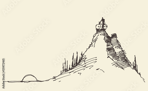 Sketch rider bicycle standing top hill vector