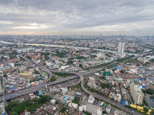 Aerial view of Arun Ammarin road and Rama VIII bridge, Bangkok, Thailand