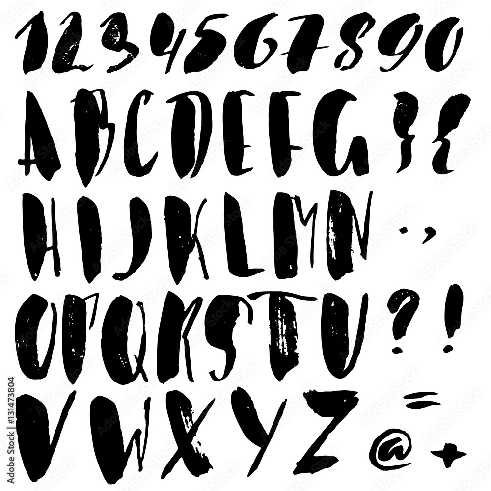 Hand drawn font made by dry brush strokes. Grunge style alphabet