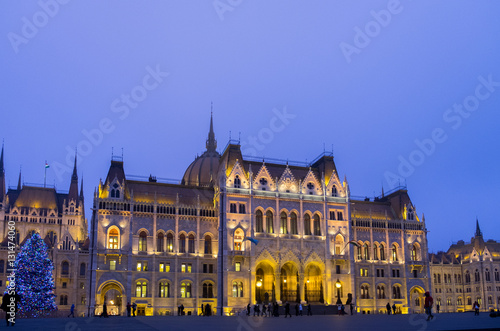 Beautiful illuminated Budapest parliament at late evening