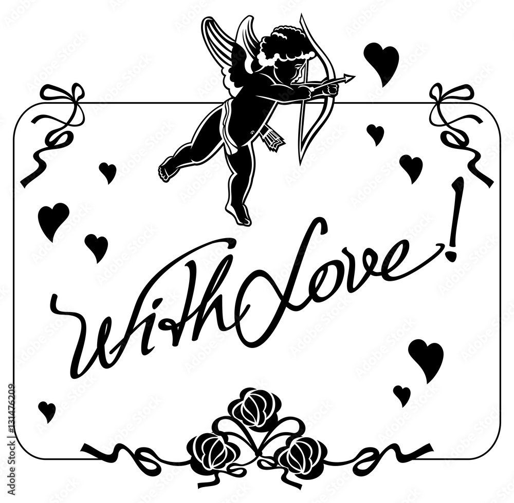 Cupid with bow hunting for hearts. Black and white label with Cupid ...