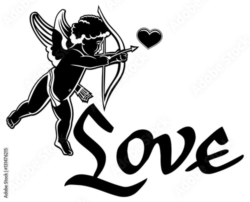 Artistic written single word  Love   and Cupid hunting for hearts silhouette. 