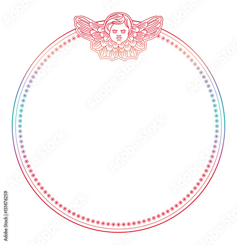 Gradient round frame with angel in vintage style. Custom element for design artworks. Raster clip art.