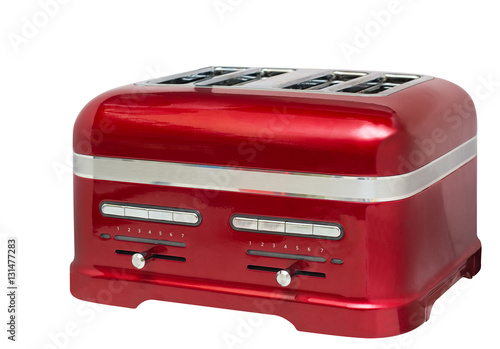 vivid red four bread slices toaster isolated on white background, selective focus
