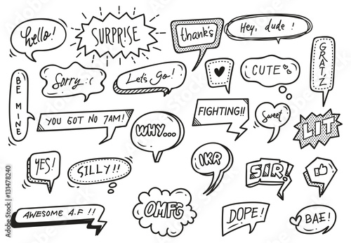 set of cute speech bubble with text in doodle style