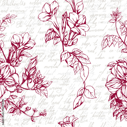 Seamless vector background with drawings of blossom garnet