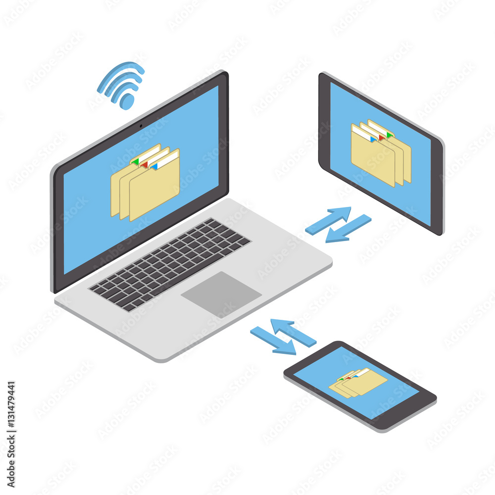 Wireless technologies. The concept of wireless data transmission and sharing of information on various mobile devices. Vector isometric illustration