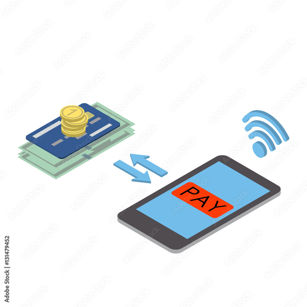 Mobile payments. Treatment of mobile payment mobile phone screen. Vector isometric illustration Mobile payments. Treatment of mobile payment mobile phone screen. Vector isometric illustration