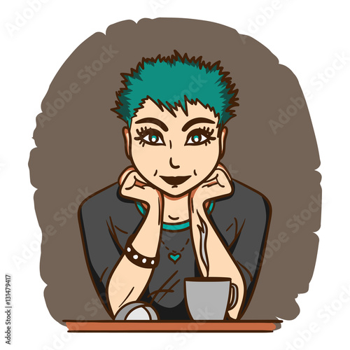 Pretty girl with green hair sitting in front of monitor