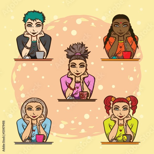 Five lovely girls sitting in front of monitor