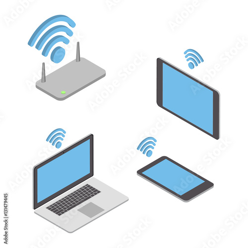 Wireless technologies. The concept of different wireless mobile devices. Vector isometric illustration