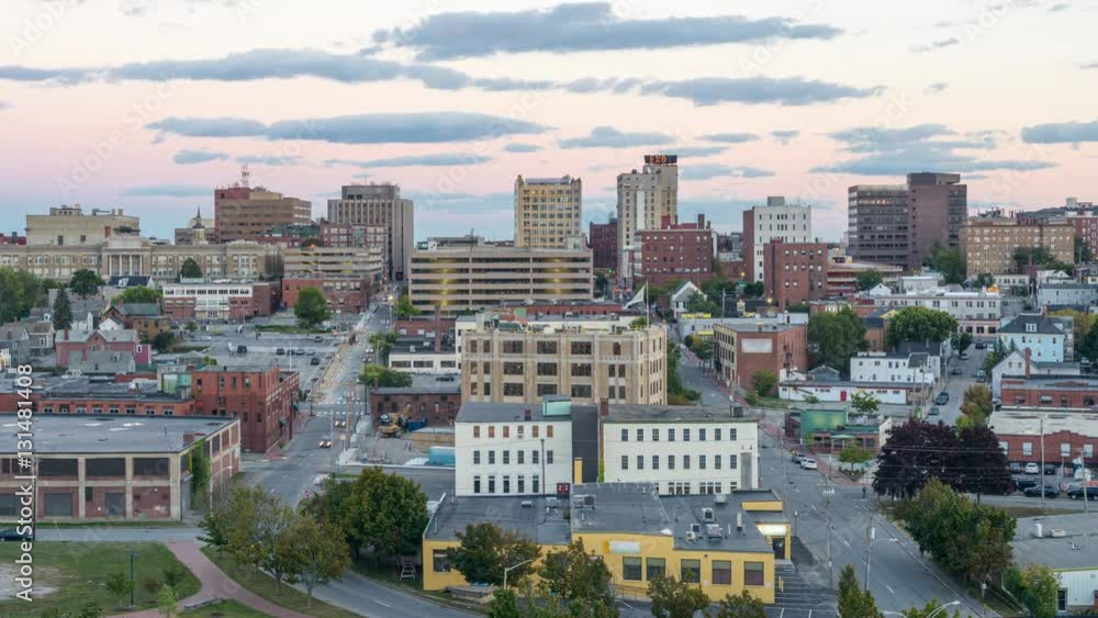 Portland, Maine, USA downtown cityscape time lapse from day to night. Portland, Maine, USA downtown cityscape time lapse from day to night.