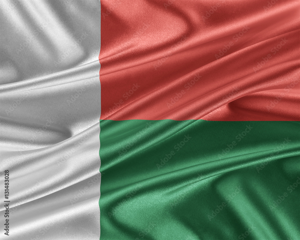 Madagascar flag with a glossy silk texture. Madagascar flag with a glossy silk texture.