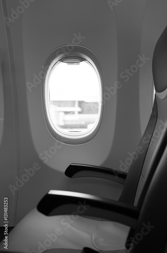 Empty passenger airplane seats in the economy class cabin