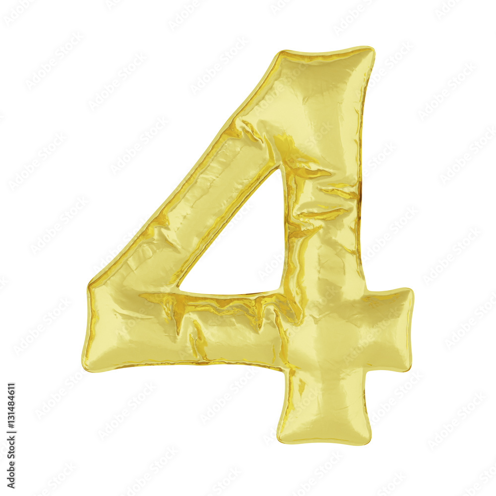 Fototapeta premium Metal balloon on a white background. Gold number four 4. Discounts, sales, holidays, anniversaries. 3D rendering