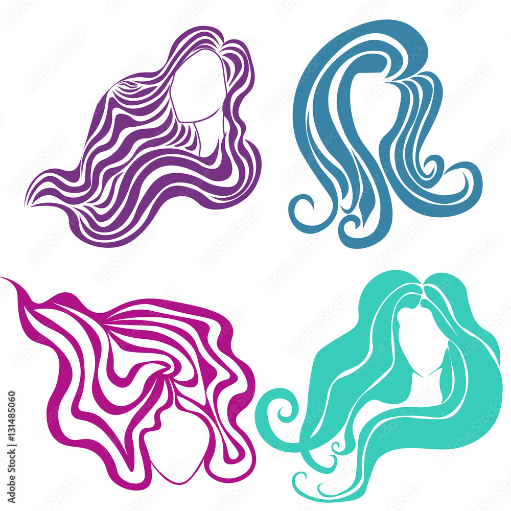 Naklejka premium Four beautiful long hair hairstyles set on white background