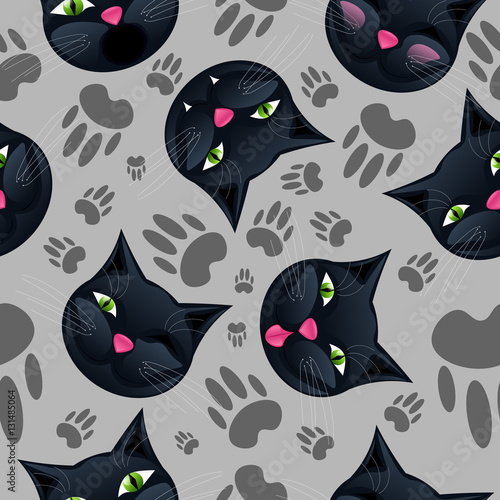 Seamless pattern with black cute cartoon emotions cats and pawprints