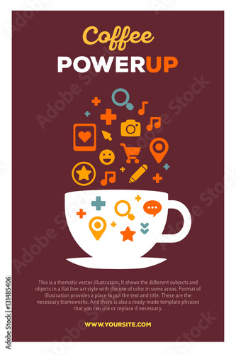 Vector creative colorful illustration of cup of coffee and set o