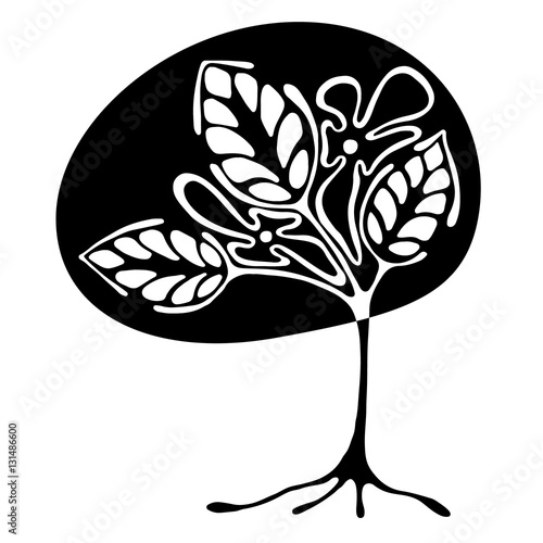 Vector hand drawn illustration, decorative ornamental stylized tree. Black and white graphic illustration isolated on the white background. Inc drawing silhouette. Decorative artistic ornamental wood